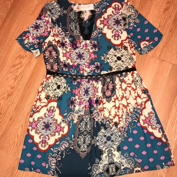 Womens Charles Henry Lace Trim Print Dress - Picture 4 of 8